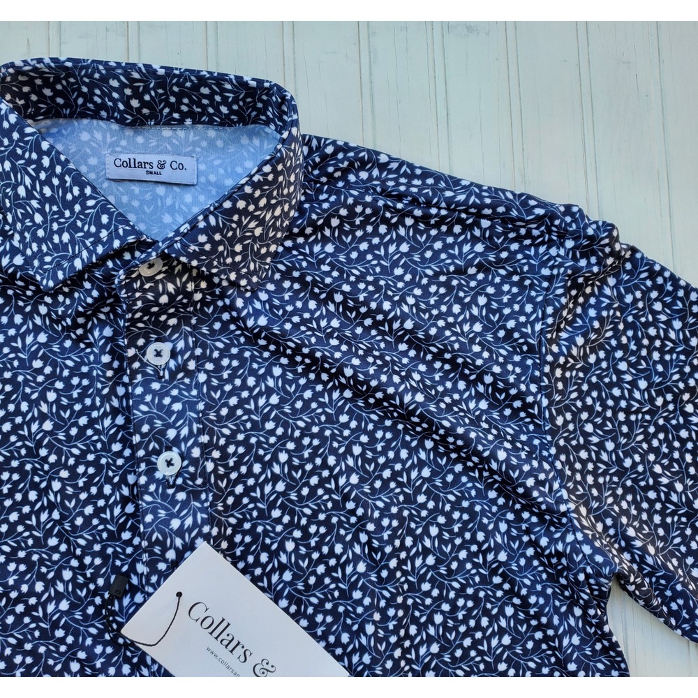 Collars & Co Mens Dress Collar Polo Shirt Navy Blue White‎ Floral Tulip Print S